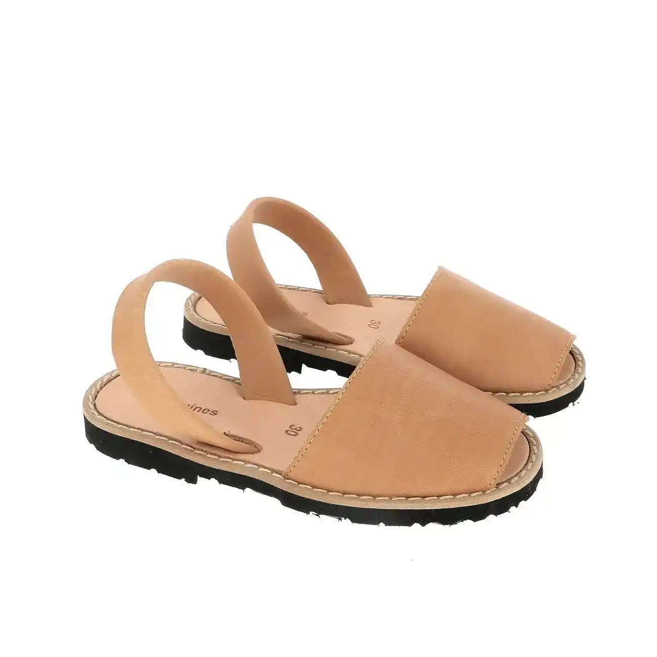 Pair of camel leather sandals with open toe and black rubber sole on white background