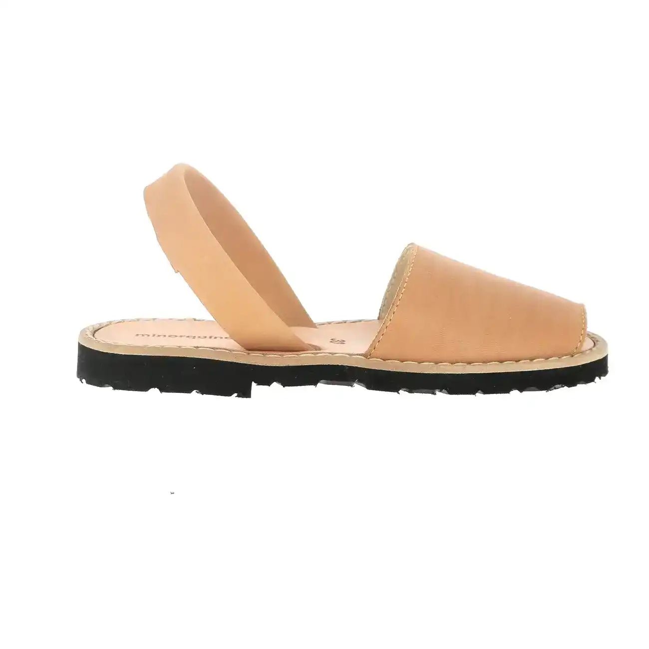 Camel leather sandal with open toe and slingback strap on white background