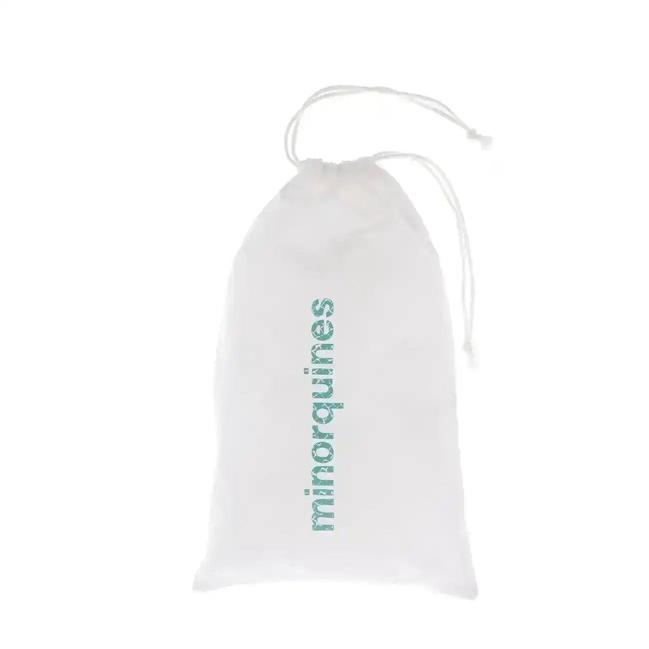 White drawstring pouch with 'minorquines' text in teal, simple product packaging