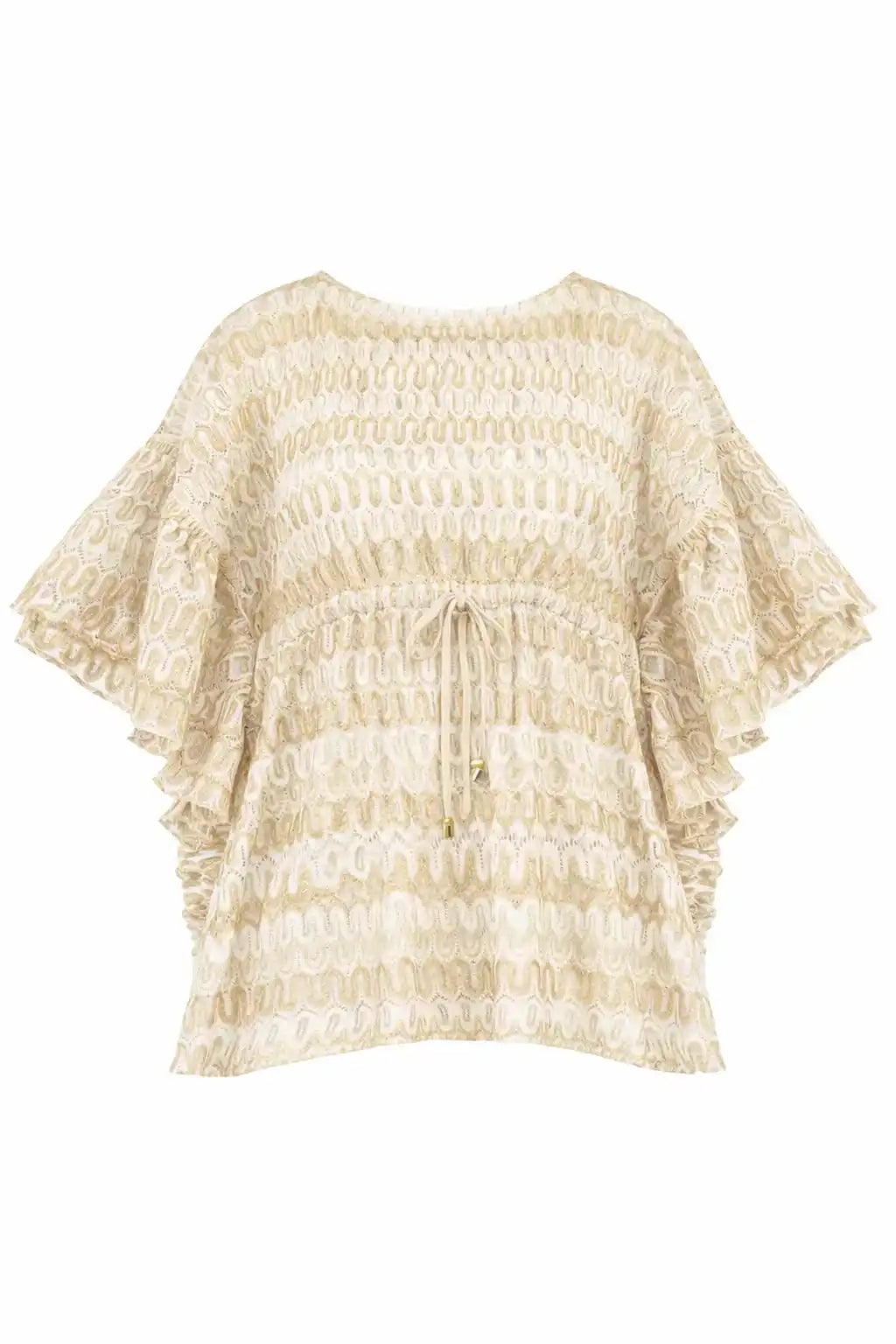 Lison Paris cream and gold beachwear top with ruffle sleeves and drawstring waist