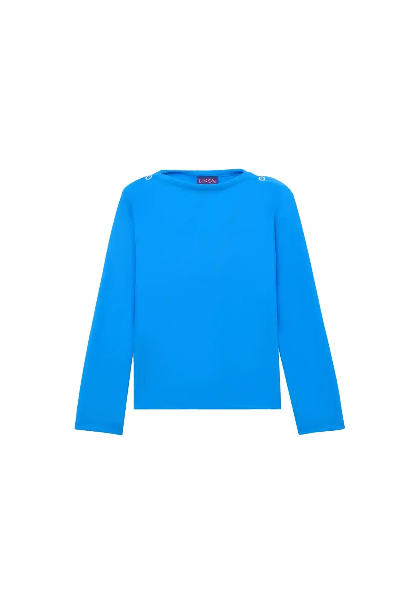 Blue long sleeve boys' UV protection swim shirt with button details on shoulders