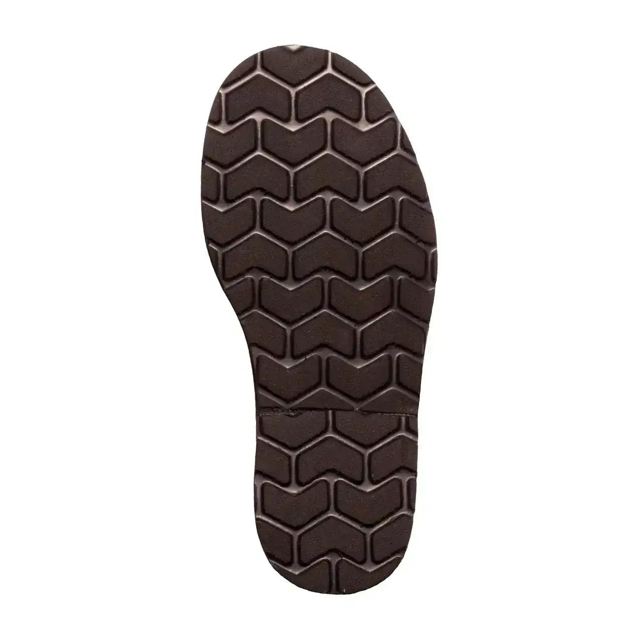 Brown rubber sandal sole with chevron tread pattern on white background
